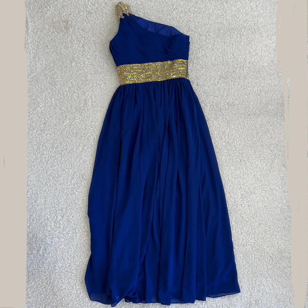 JJ’s House Women’s One-Shoulder Royal Blue Evening Dress Gold Sequins - size S/M - Picture 7 of 7